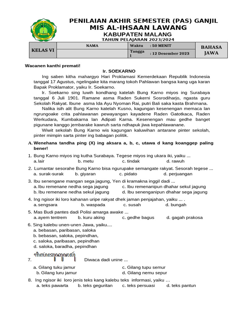 5 Fakta Mengejutkan Soal PAT Bahasa Jawa Kelas 6 Semester 2 yang Wajib Tahu