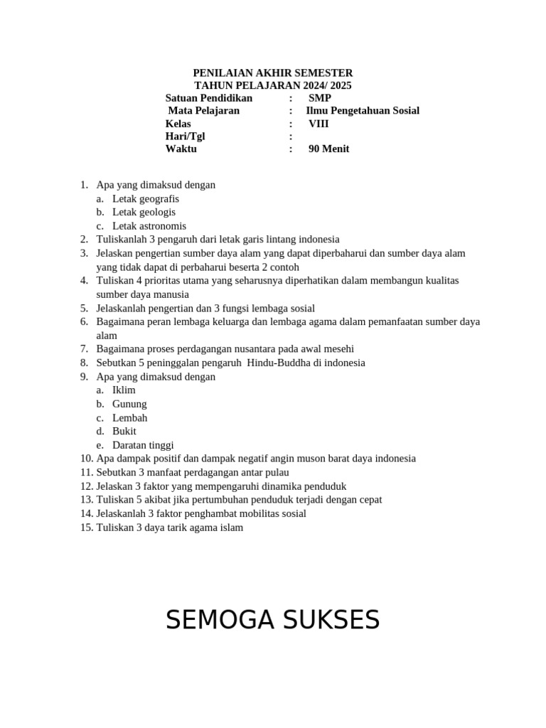 Soal UAS IPS Kelas 8 Semester 1 PDF