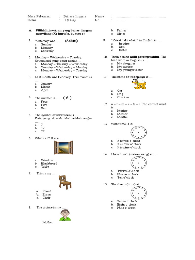 7 Contoh Soal English Chest Kelas 2 SD Semester 1 yang Wajib Dikuasai Sebelum Ujian