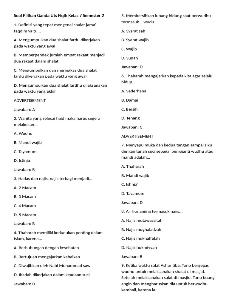 Soal UTS Fiqih Kelas 7 Semester 2 PDF Soal UTS Fiqih Kelas 7 Semester 2 PDF