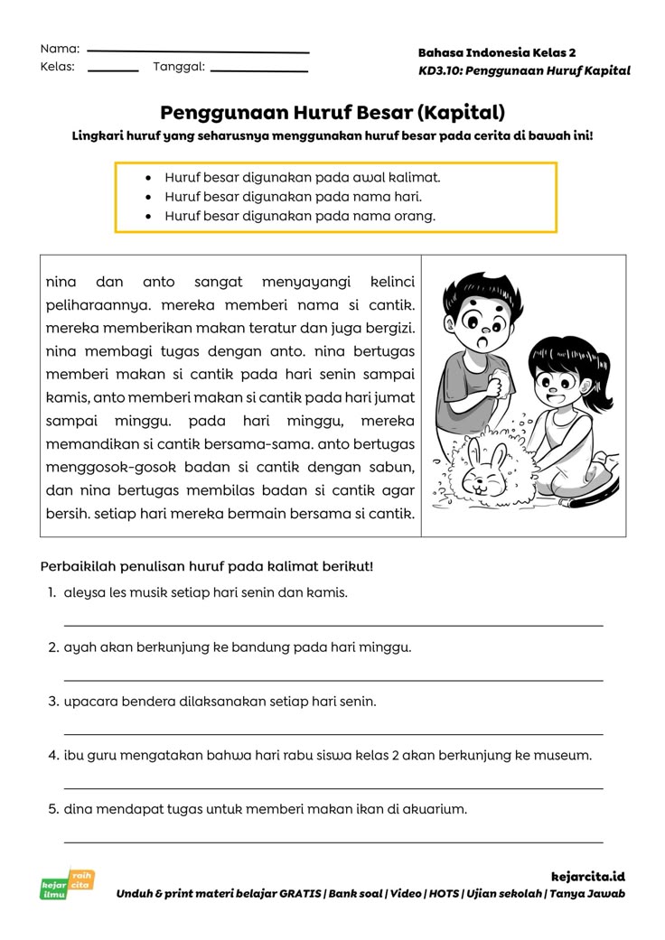 Materi Latihan Soal Bahasa Indonesia Kelas 2 - Penggunaan Huruf Kapital