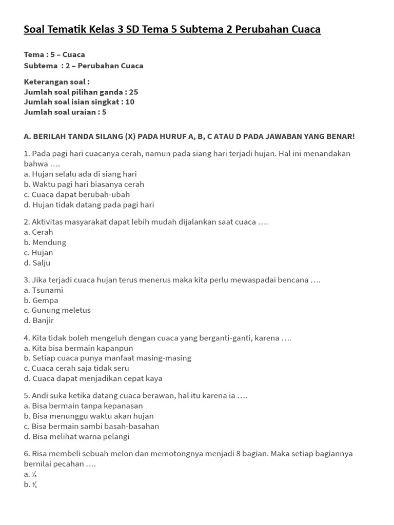 Rahasia Lulus Ujian: Kumpulan Contoh Soal Tematik Kelas 3 Tema 5 Perubahan Cuaca Terbaru