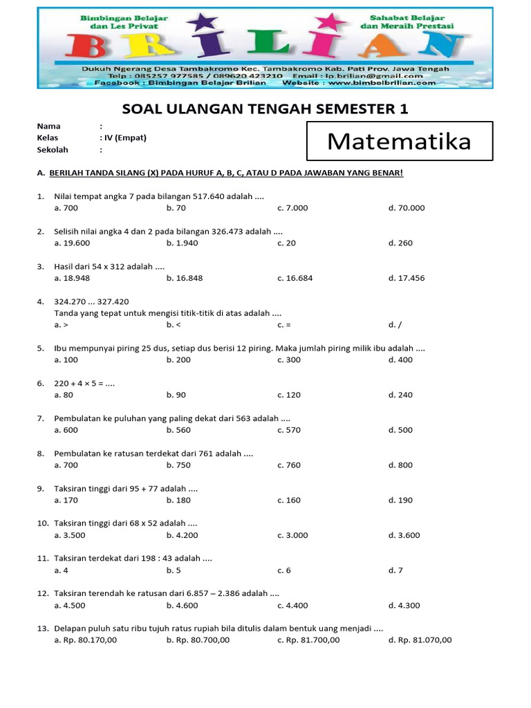 Ternyata Ini 15 Latihan Soal dan Kunci Jawaban UTS Matematika Kelas 4 yang Sering Muncul di Ujian 2026