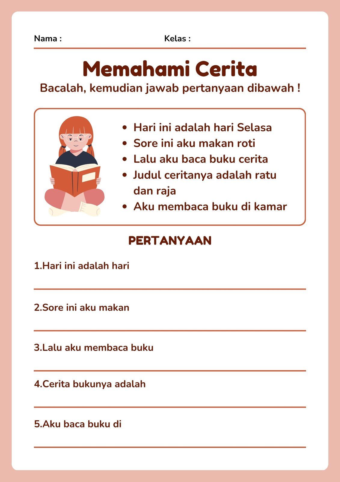 Oranye Ilustrasi Memahami Cerita Lembar Kerja Sekolah - Templates by