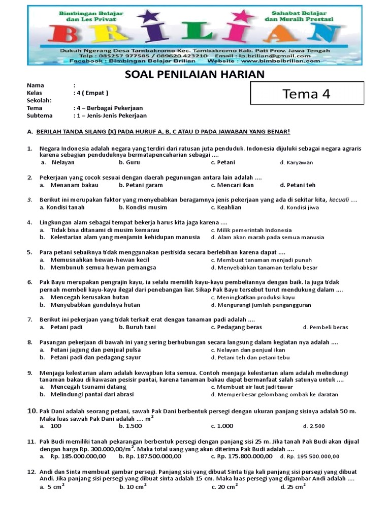 Wajib Tahu! Kumpulan Contoh Soal Tentang Macam Macam Pekerjaan Kelas 4 SD Terbaru