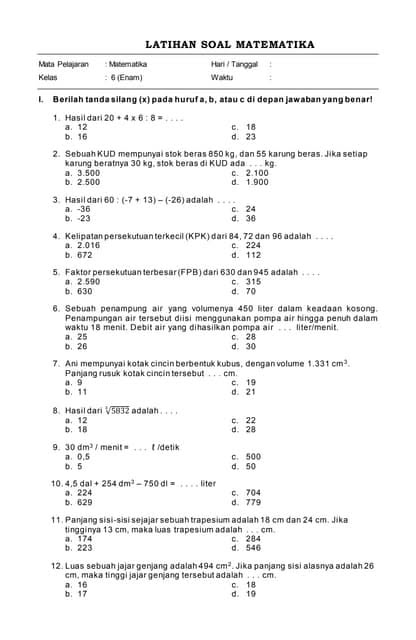 Soal latihan matematika kelas 6 Matematika kelas 5 Matematika kelas Soal latihan matematika kelas 6 Matematika kelas 5 Matematika kelas