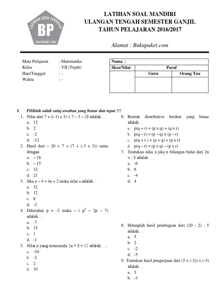 b soal uraian matematika kelas 7 semester 1