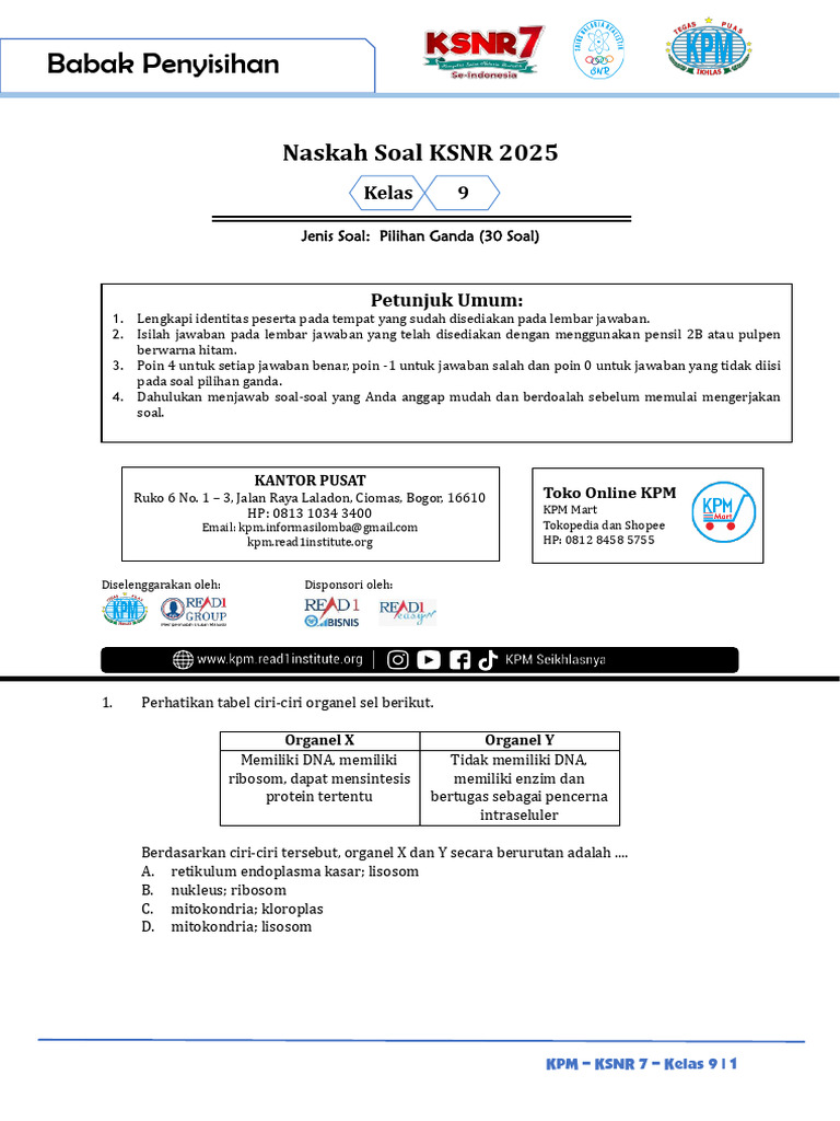 Soal KSN 2025 Kelas 9 Pilihan Ganda PDF